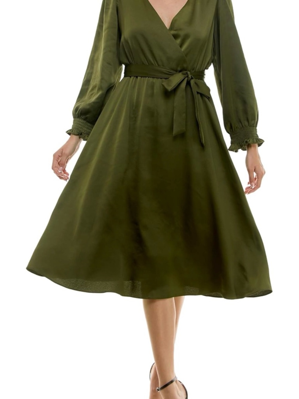 Taylor Women's Long Sleeve Satin Faux Wrap Midi Dress with Sash